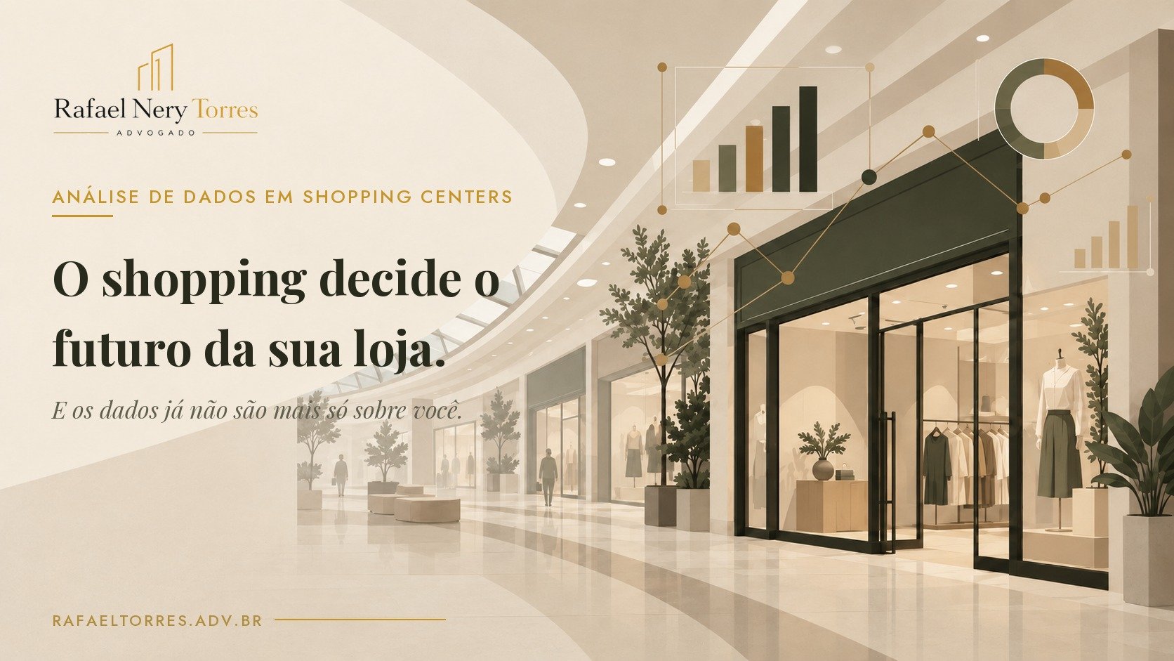Vitrine de loja em shopping center, com ícones de dados ilustrando como o mix de lojas influencia a renovação do contrato