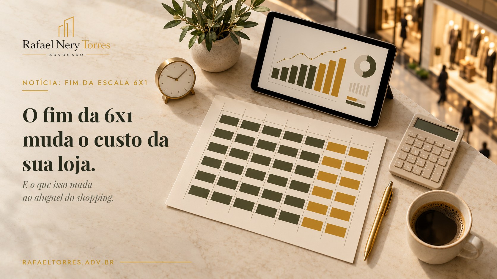 Mesa de lojista de shopping com escala semanal de funcionários, tablet com gráficos e calculadora, ilustrando o impacto do fim da escala 6x1 no custo da loja